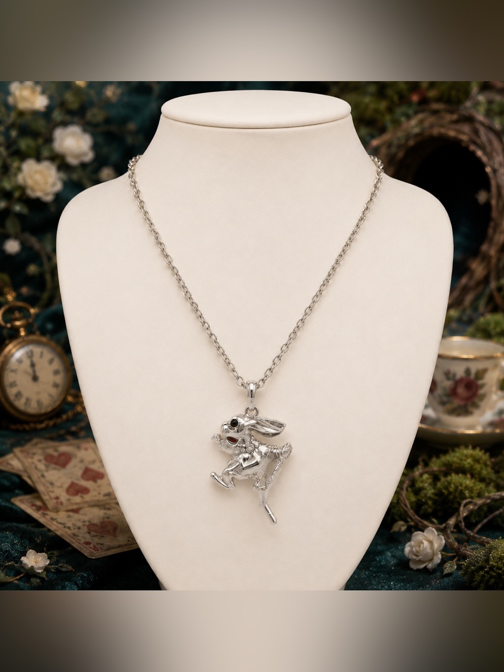 Wonderland Long Silver‎ Rabbit Pendant Charm Necklace